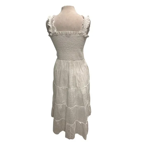 Quince Organic Cotton Eyelet Smocked Midi Dress White Cottagecore Summer L - Picture 3 of 7